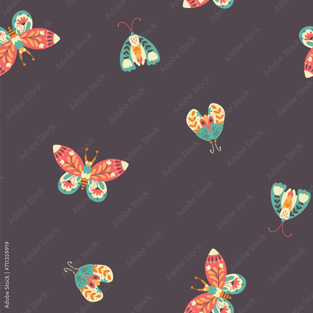 Moth seamless pattern. A butterfly decorated with a collection of flowers. Hand drawn doodle illustration in simple scandinavian style. Pastel palette. Vector on a dark purple background.