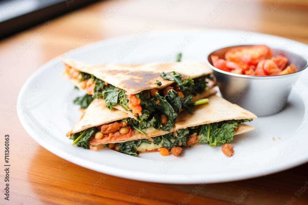 quesadilla with kale and roasted chickpeas close