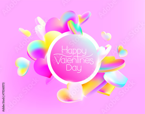 Colorful iridescent 3D hearts on pink background. Valentine's Day greeting card design. Congratulatory banner.