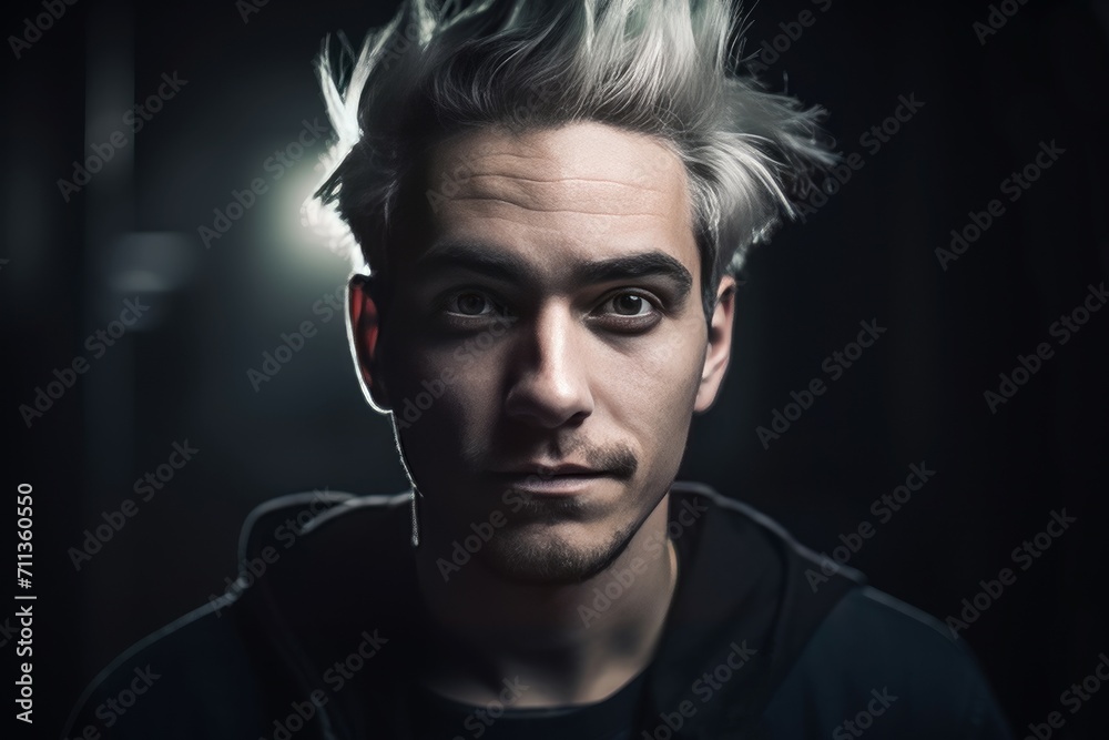 Fototapeta premium Young man with white dyed hair. Expressive stylish model guy with chic hairstyle. Generate ai