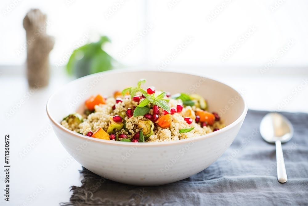 quinoa and roasted brussels sprouts bowl with pomegranate seeds quinoa and roasted brussels sprouts bowl with pomegranate seeds