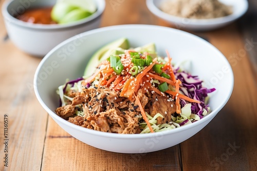 bbq quinoa bowl with pulled pork and cabbage slaw