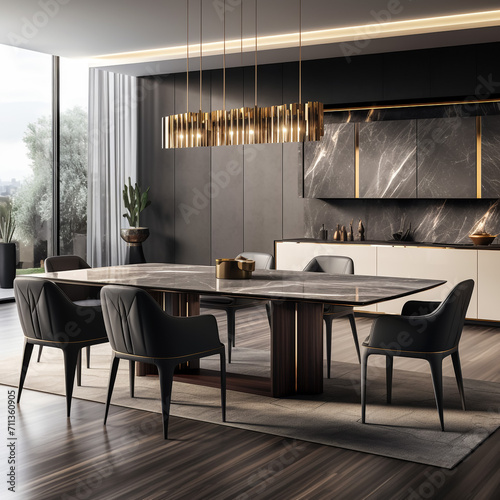 Real photo of a couch standing next to a small table with a bigger table with black chairs  shelves with ornaments and a cupboard in the background  in botanic living room interior