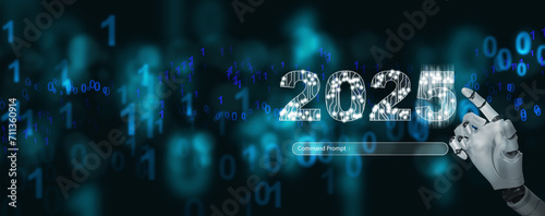 Happy new year. Artificial intelligence, Ai, robotic hand tapping on the year to change it into 2025 to start, begin, and welcome the new coming year, journey © OleCNX