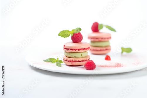 stacked raspberry macarons on white background with mint leaf