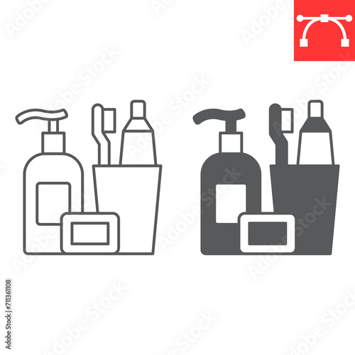 Toiletries line and glyph icon, grocery store and hygiene kit , toothbrush with toothpaste and bottle of soap vector icon, vector graphics, editable stroke outline sign, eps 10.