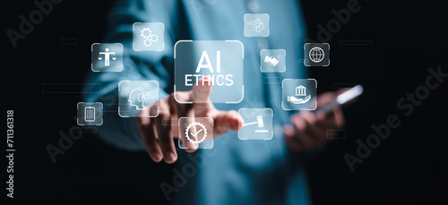 AI ethics or AI law concept. Businessman touching virtual ai ethics icon for compliance, regulation, standard , business policy and responsibility.