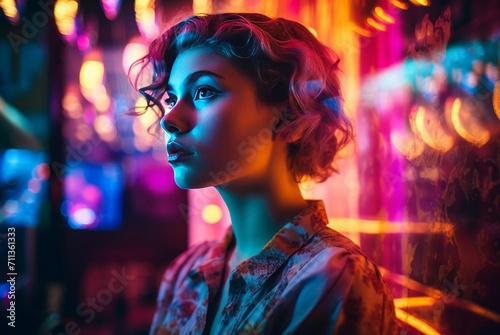 Young woman on neon multicolored background. Female model in vibrant lights ambiance. Generate ai © nsit0108