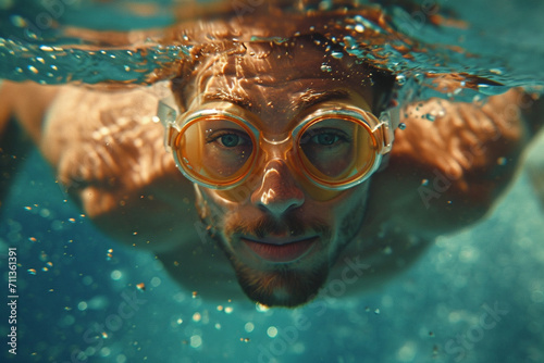 Close-up portrait of authentic swimmer man in swimming pool