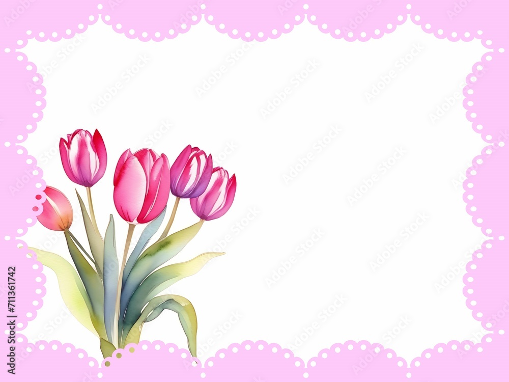 A postcard in a lace pink frame with a bouquet of pink tulips and a copy place A postcard in a lace pink frame with a bouquet of pink tulips and a copy place