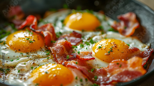 Sizzling Delight A Close-Up Encounter with Perfectly Fried Eggs and Crispy Bacon in a Culinary Symphony