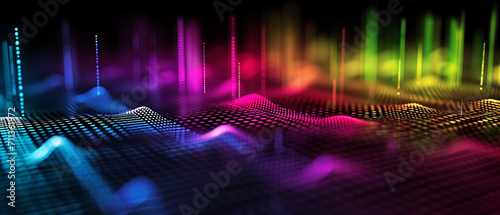 Digital Rhythms: A Vibrant Visualization of Sound Waves Across a Pixelated Spectrum of Neon Lights