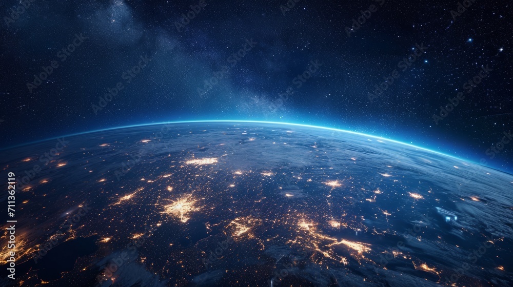 Top view of a night planet with glowing city lights. Top view of a night planet with glowing city lights.
