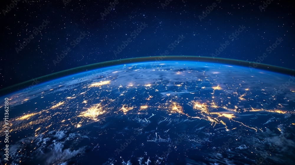 Fototapeta premium Top view of a night planet with glowing city lights. 