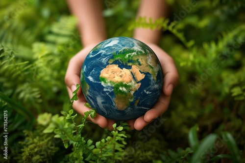 Earth with green plants in a human hands, concept of Earth day