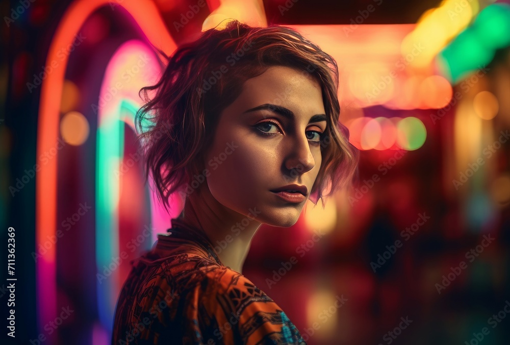 Young girl in neon colorful illuminated room. Dynamic lively vibrant atmosphere artistic portrait. Generate ai Young girl in neon colorful illuminated room. Dynamic lively vibrant atmosphere artistic portrait. Generate ai