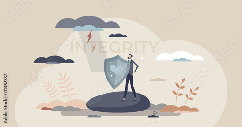 Integrity in business with company moral values strength tiny person concept. Successful businessman with reliable principles and strong standards vector illustration. Defense shield protection.