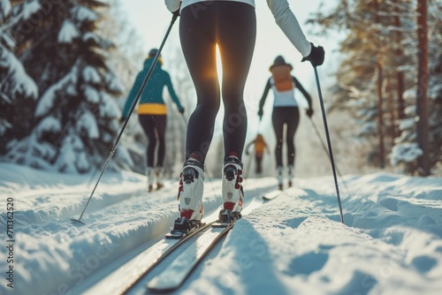 Cross country skiers racing on the ski competitions in a pine forest ski track