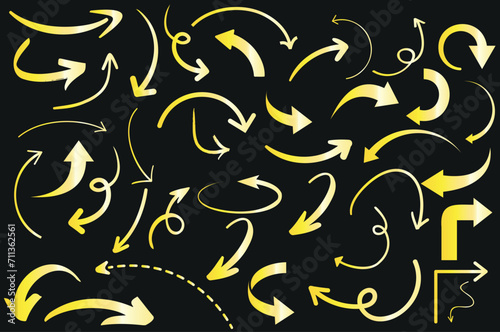 Dynamic yellow curved arrows on a dark background, arrow indicating motion and direction. Ideal for visual projects, presentations, and graphic design elements