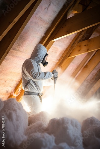 Man spraying foam insulation to insulate attic Generative Ai