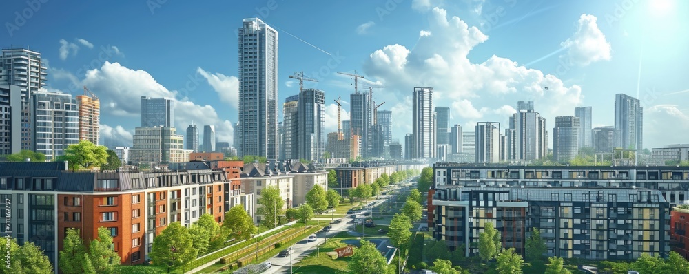 Futuristic city with skyscrapers and lush green vegetation. An illustration representing the delicate balance between nature and technology. World environment day, green metropolis on earth