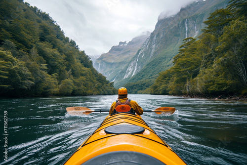 kayaking down a mountain river in summer © Masson
