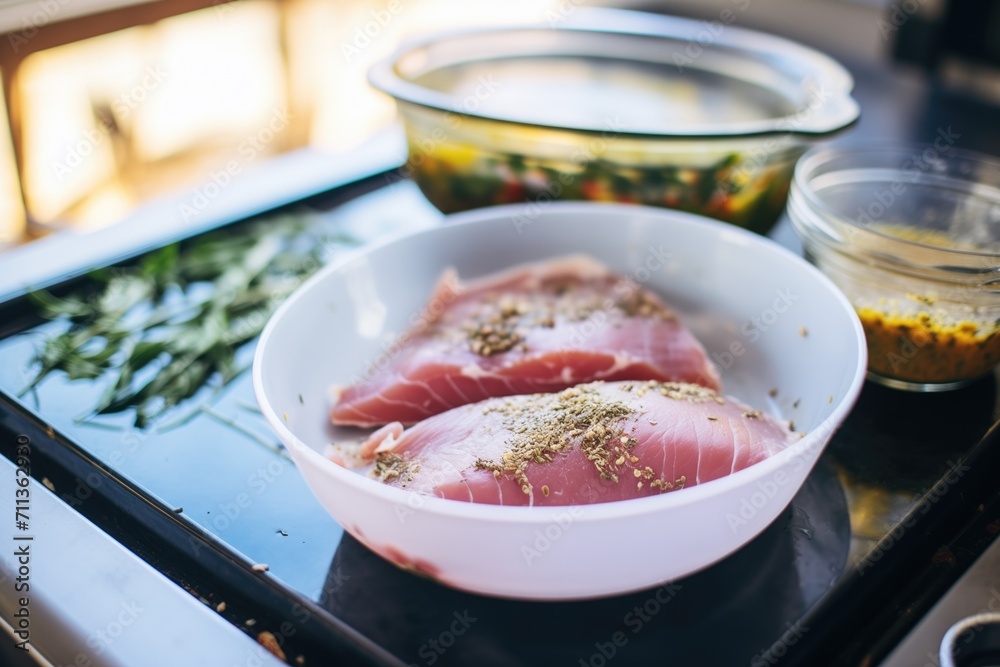 marinating raw tuna steaks with olive oil and herbs before searing marinating raw tuna steaks with olive oil and herbs before searing