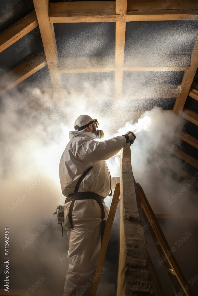 Fototapeta premium Man spraying foam insulation to insulate attic Generative Ai