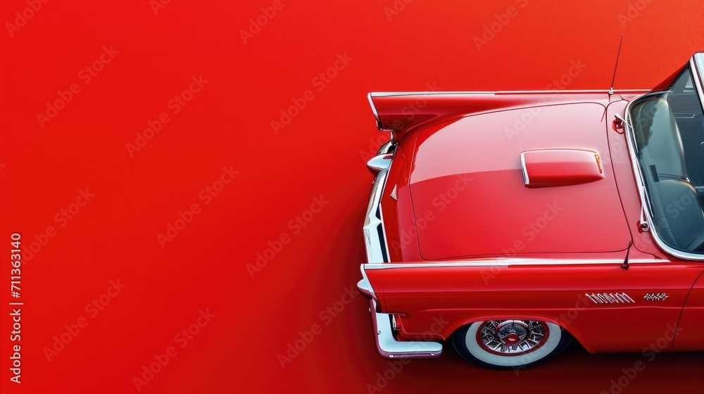 Close-up of part of a luxury red retro car on a red background, copy space. - obrazy, fototapety, plakaty 
