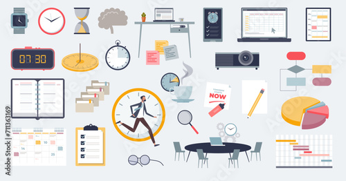 Time management objects and daily schedule planning tiny person concept. Deadline elements for appointment organization and meetings vector illustration. Urgent work reminders and calendar items.