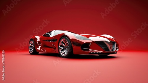 The concept of a modern, expensive sports car with chrome wheels, shiny body and hood. Red gradient background for transport images. Copy space.