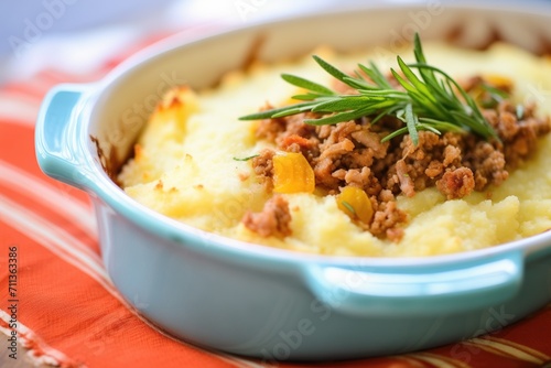 close-up of creamy mashed potato topping on shepherds pie