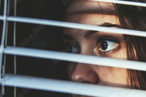eyes of a young woman looking through blind windows photo