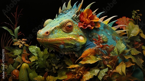 A lifelike depiction of a chameleon in its natural habitat - Generative AI © Huzaifa