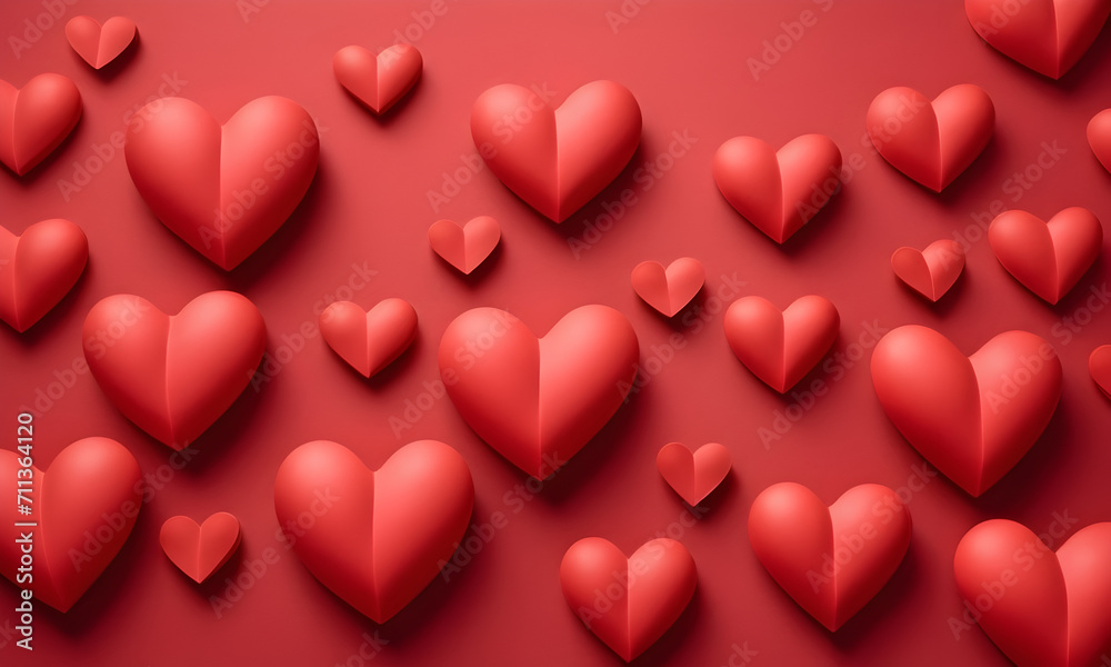 Collection of red handcrafted Hearts - red paper hearts on red canvas. AI illustration art background.