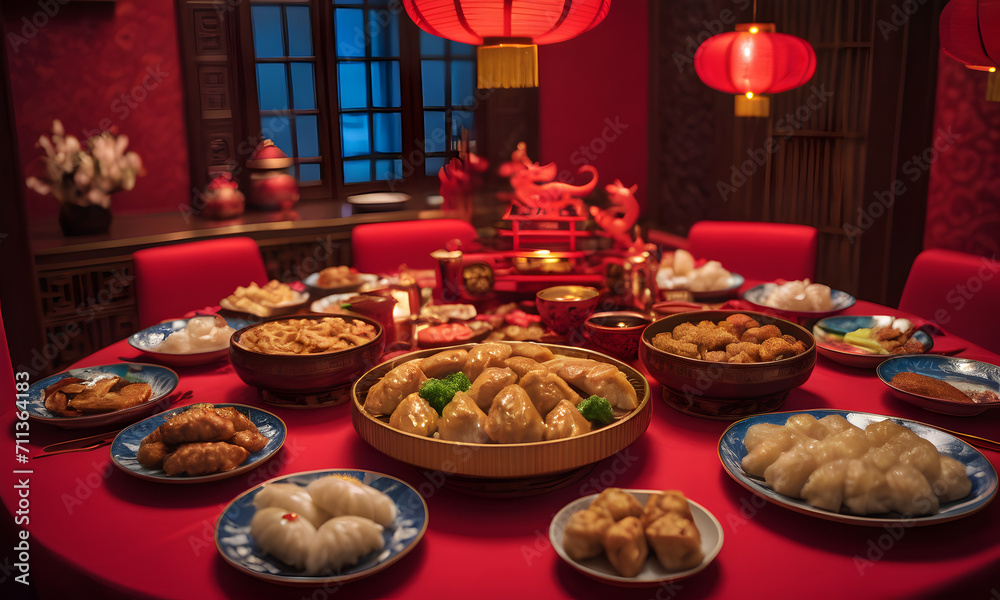 Feast for the new year: sumptuous spread of Chinese cuisine, Chinese New Year concept AI illustration