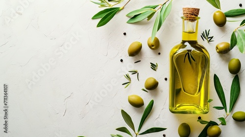 Extra Virgin Olive Oil in a Glass Bottle with Fresh Olives and Green Leaves on a Textured Background. photo