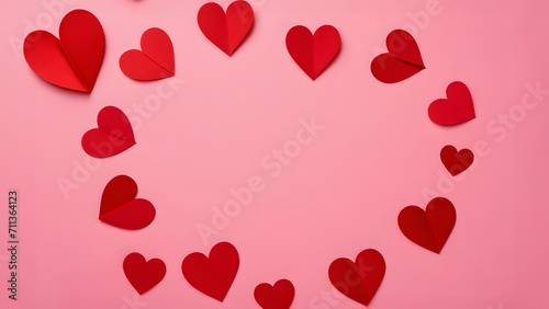 Art of affection - red paper hearts on Pink Canvas. AI illustration art background.