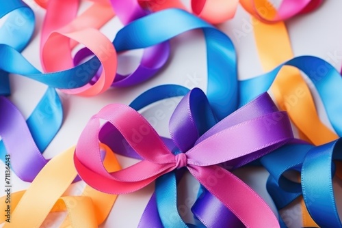 Colorful ribbons. World Cancer Day. National Cancer Survivors Day. World Autism Awareness Day. #711364143