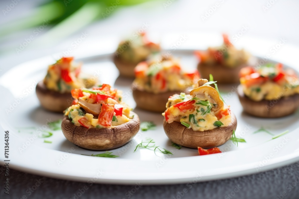 stuffed mushrooms garnished with red pepper flakes, macro shot