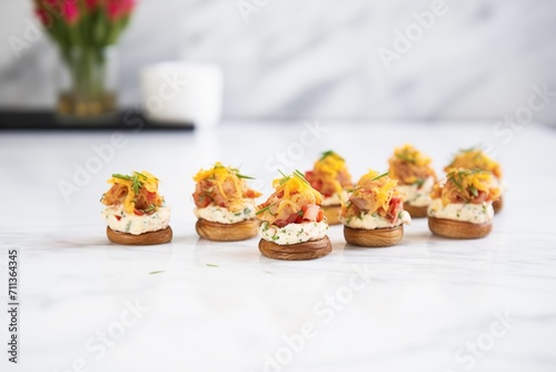row of cream cheese stuffed mushrooms on a marble counter