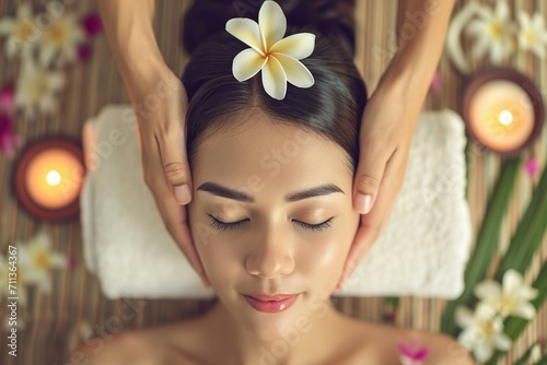hands in a spa massaging the head of a thai beauty woman photo