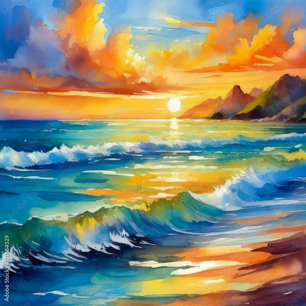 an abstract painting portraying the beauty of a sunset over the ocean ...