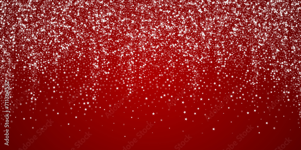 Snowfall overlay christmas background. Subtle flying snow flakes and stars on christmas red background. Festive snowfall overlay. Wide vector illustration.