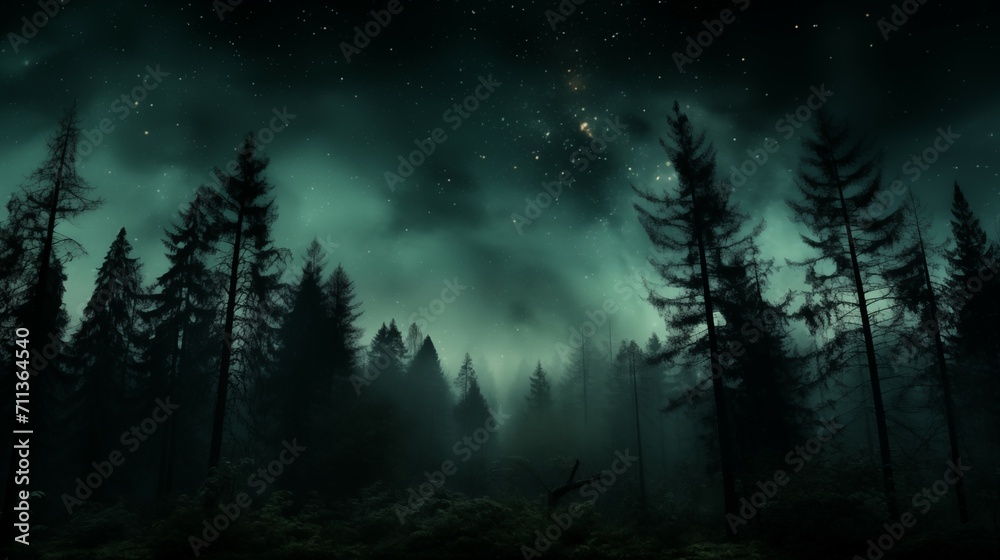 Foggy Night Forest with Stars and Northern Lights