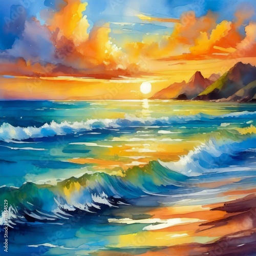 an abstract painting portraying the beauty of a sunset over the ocean. Use bold strokes of orange and gold to represent the sinking sun, blending seamlessly into the serene blue sea. Allow the colors 