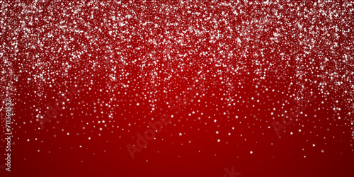 Snowfall overlay christmas background. Subtle flying snow flakes and stars on christmas red background. Festive snowfall overlay. Wide vector illustration.