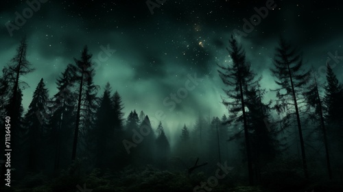 Foggy Night Forest with Stars and Northern Lights