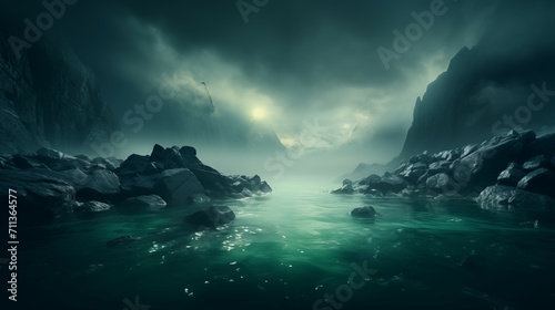 Mystical Foggy Landscape with Serene Ocean and Rocky Shore © Psykromia