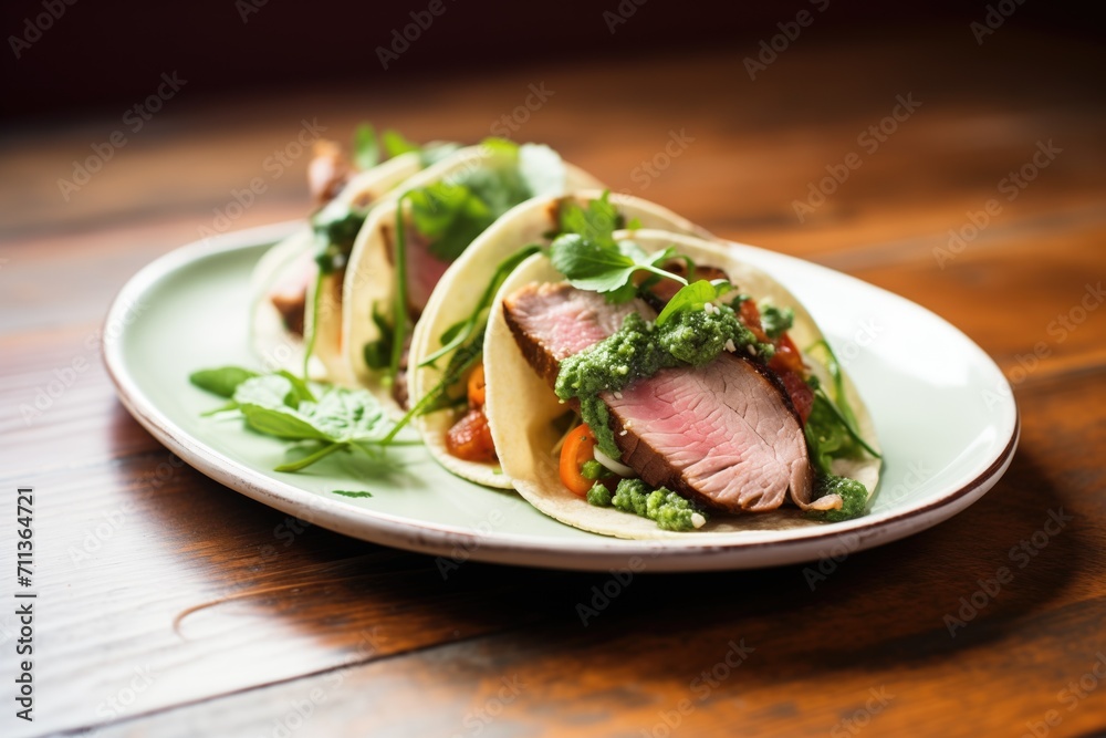 lamb tacos with mint cilantro chutney on a ceramic plate